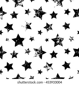 Seamless vector pattern. Creative geometric black and white background with stars. Texture with attrition, cracks and ambrosia. Old style vintage design. Graphic illustration.  