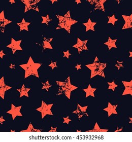 Seamless vector pattern. Creative grunge geometric blue, red background with stars. Texture with attrition, cracks and ambrosia. Old style vintage design. Graphic illustration.  