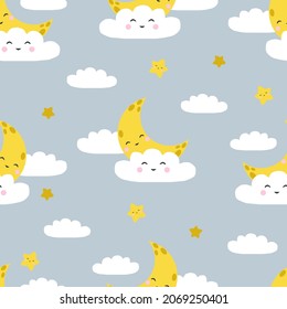 Seamless vector pattern with crescents, clouds and stars
