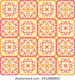 Seamless vector pattern with crocheted granny squares in happy retro yellow, vintage orange and bright pink. Floral pattern with abstract star resembling the handicrafts of the 1960s and the 1970s.