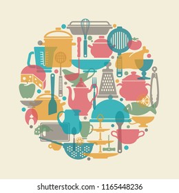 Seamless vector pattern with crockery. Kitchen background. Cooking utensils and kitchen tools