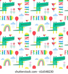 Seamless vector pattern with crocodiles and little birds. For birthday, party invitations, scrapbook. Vector illustration in bright colors.