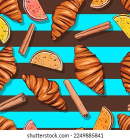 Seamless vector pattern with croissant, cinnamon, marmalade. Delicious pattern for printing on fabric, paper, textile