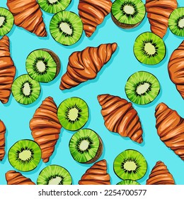Seamless vector pattern. Croissant. Fruits are juicy. bright background
