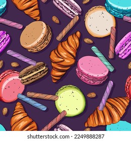 Seamless vector pattern with croissant, macaron cookies, waffle, almond. Delicious pattern for printing on fabric, paper, textile
