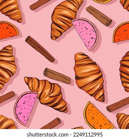 Nahtloses Vektormuster. Croissant, Marmelade, Zimt. Appetitives Muster, Backwaren, leckeres Essen. Schöne Speisekarte. Kindermuster, Hintergrund
