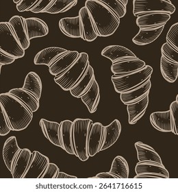 Seamless vector pattern. Croissants drawn in vector on a dark background by hand. The illustration is suitable for packaging design, bakery decoration, pastry shops, for printing on fabric and paper.
