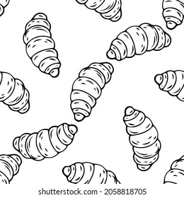 Seamless vector pattern with croissants, food background. Croissant outline illustration, hand draw vector seamless pattern for design and creativity