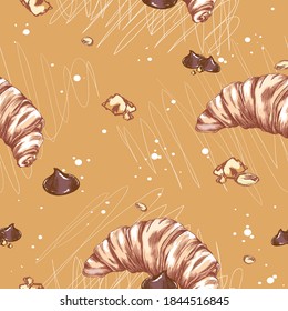 Seamless vector pattern with croissants, peanuts and chocolate pieces on a dark beige background. Sketchy images of sweets and desserts. Condite background.