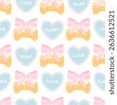 Seamless vector pattern with croissants, pink bows, and stitched candy hearts with love words. Perfect for Valentines Day wrapping, fabric, stationery, and cute seasonal packaging