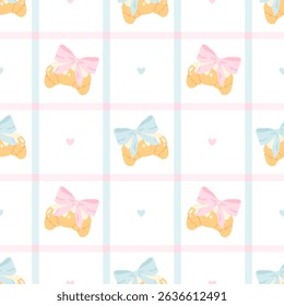 Seamless vector pattern with croissants, pink and blue bows, tiny hearts, and a soft checkered grid. Perfect for baby fabric, stationery, gift wrap, kids apparel and kawaii-themed packaging