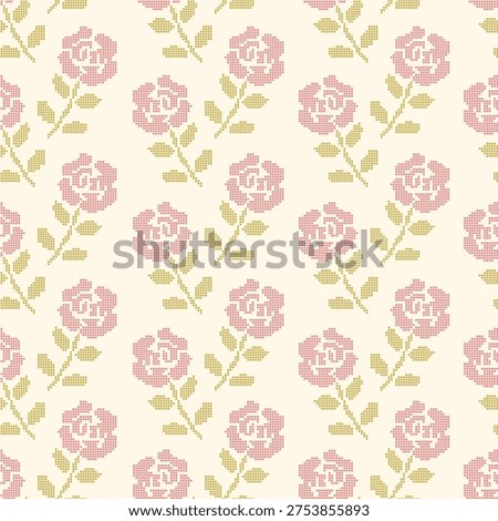 Seamless vector pattern with cross stitch embroidery rose in soft spring colors. Pixel lace hand-made floral background. Vintage cottagecore needlecraft wallpaper design