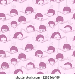 Seamless vector pattern with a crowd of people reading a book, graphic illustration about education and students