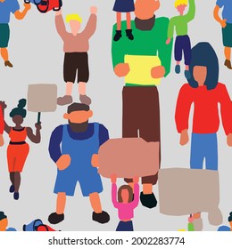 Seamless vector pattern with a crowd of people of different ages, races and nationalities. Man, women, grandmothers, grandfathers, boys, girls in colorful clothes