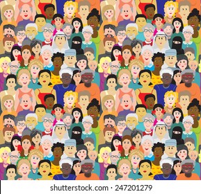 Seamless vector pattern with a crowd of people of different ages, races and nationalities. Men, women, grandmothers, grandfathers, boys, girls in colorful clothes.