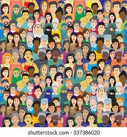 Seamless vector pattern with a crowd of people of different ages, races and nationalities. Man, women, grandmothers, grandfathers, boys, girls in colorful clothes