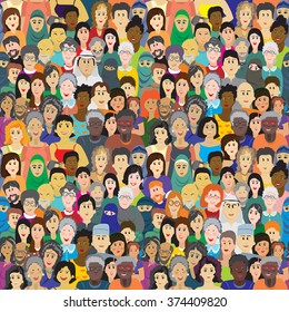 Seamless vector pattern with a crowd of people of different ages, races and nationalities. Men, women, grandmothers, grandfathers, boys, girls in colorful clothes