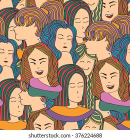 Seamless vector pattern with a crowd of people women,  girls in colorful clothes