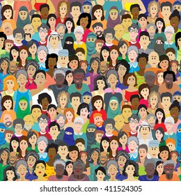 Seamless vector pattern with a crowd of people of different ages, races and nationalities. Men, women, grandmothers, grandfathers, boys, girls in colorful clothes