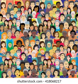 Seamless vector pattern with a crowd of people of different ages, races and nationalities. Men, women, grandmothers, grandfathers, boys, girls in colorful clothes