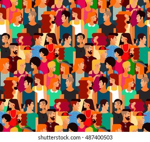 Seamless Vector Pattern with a Crowd of Young People. Flat design, vector illustration.