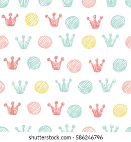 Seamless vector pattern with crowns and polka dots in pastel colors. Great for Baby, Valentine's Day, Mother's Day, wedding, scrapbook, surface textures.
