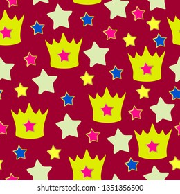 Seamless vector pattern with crowns and stars. Girly princess pink wallpaper. Simple wrapping paper design.