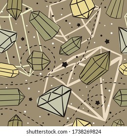 Seamless vector pattern with crystals and stars. Hand-drawn gemstones, diamonds, diamonds, emeralds and rubies. Vector illustration for jewelry store, bijouterie, magic and miracle.