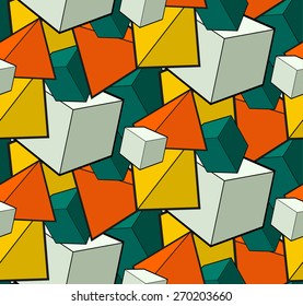 Seamless vector pattern with cubes and pyramids