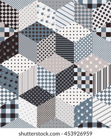 Seamless vector pattern with cubes and stars from patches. Patchwork background in grey tones. Can be used for textile, paper, wallpaper, interior design, wrapping, web, websites.