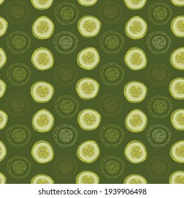 Seamless vector pattern with cucumber slices on a dark green background.
Static vegetable ornament.