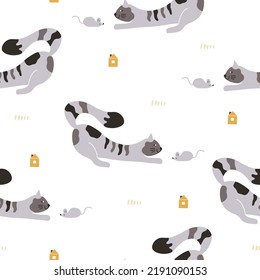 Seamless vector pattern with a cunning cat and mouse. Modern vector background for textiles and wallpaper.