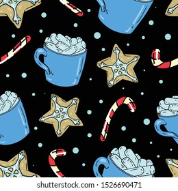Seamless vector pattern with cup of coffee and marshmallow, Christmas caramel and ginger cookie on black background. Good for printing. Wallpaper, fabric and textile design. Cute winter background.