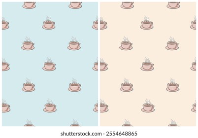 Seamless Vector Pattern with Cup of Coffee. Little Coffee Cups on a Light Blue and Cream Beige Background. Cute Endless Print With Cappuccino Mugs. Design with Coffee ideal for Restaurant and Cafe.