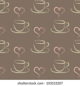 seamless vector pattern with cup of coffees and hearts