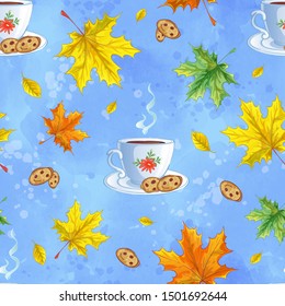 Seamless vector pattern with a cup of hot tea, cookies and fallen colorful autumn leaves. Blue background with delicate watercolor texture.