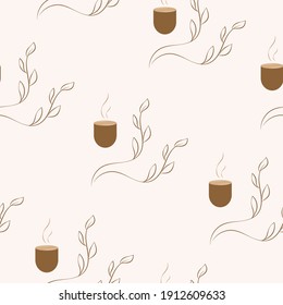 Seamless vector pattern with a cup of hot drink and tea sprigs. The pattern is isolated from the background.