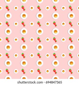 Seamless vector pattern with cup of tea and strawberries.