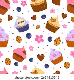 Padrão de vetor perfeito com cupcake e decoração. Bolinho brilhante com creme e baga, chocolate, flores, nozes 