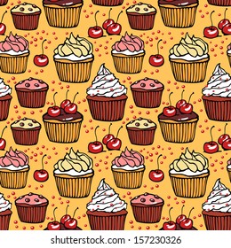 Seamless vector pattern with cupcakes and cherries. Endless background. Can be used for wallpaper, textile, website background, book cover, packaging 