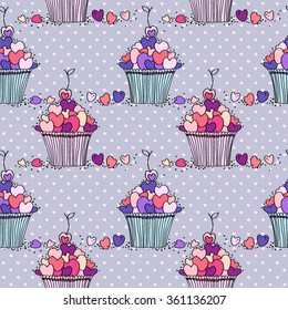 seamless vector pattern with cupcakes full of hearts