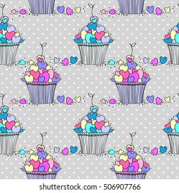 seamless vector pattern with cupcakes full of hearts
