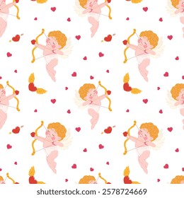 Seamless vector pattern with Cupid, cherubs, hearts, and arrows. Romantic Valentine’s Day design with a whimsical touch. Perfect for gift wrapping, textiles, invitations, posters, and web banners