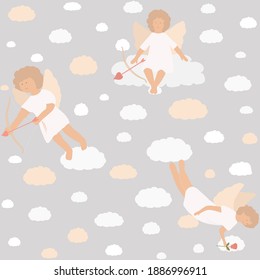 Seamless vector pattern with cupid on sky background. Angels on the background of the sky and clouds. Valentine's Day. Suitable for holiday greeting, web, design, interior, fabric, greeting card