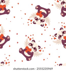 Seamless vector pattern with cupid panda bear in a simple children's style for Valentine's Day.  Season stickers with  wings, hearts. Vector illustration 