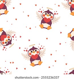 Seamless vector pattern with cupid penguin in a simple children's style for Valentine's Day.  Season stickers with  wings, hearts. Vector illustration 