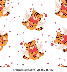 Seamless vector pattern with cupid tiger in a simple children's style for Valentine's Day.  Season stickers with  wings, hearts. Vector illustration 