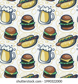 Seamless vector pattern of cups of beer, hot dogs and burgers made of simple illustrations.