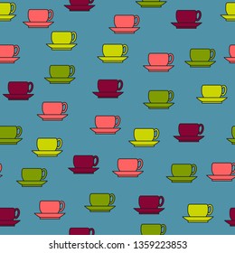 Seamless vector pattern with cups in blue background.