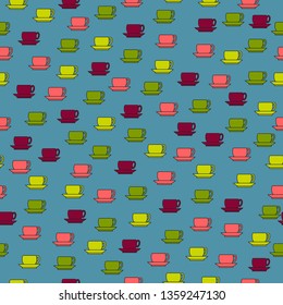 Seamless vector pattern with cups in blue background.